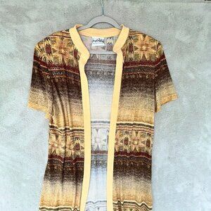 Joseph Ribkoff Gold Brown Ochre Foil Detail Short Sleeve Maxi Duster Chest 40"